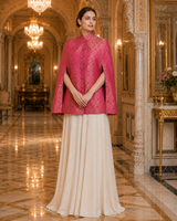 Mira Banarasi Cape: Women's Fuchsia Gold Floral Indowestern Wear
