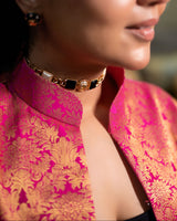 Jodha Banarasi Long Coat: Women's Fuchsia Gold Floral Jacket