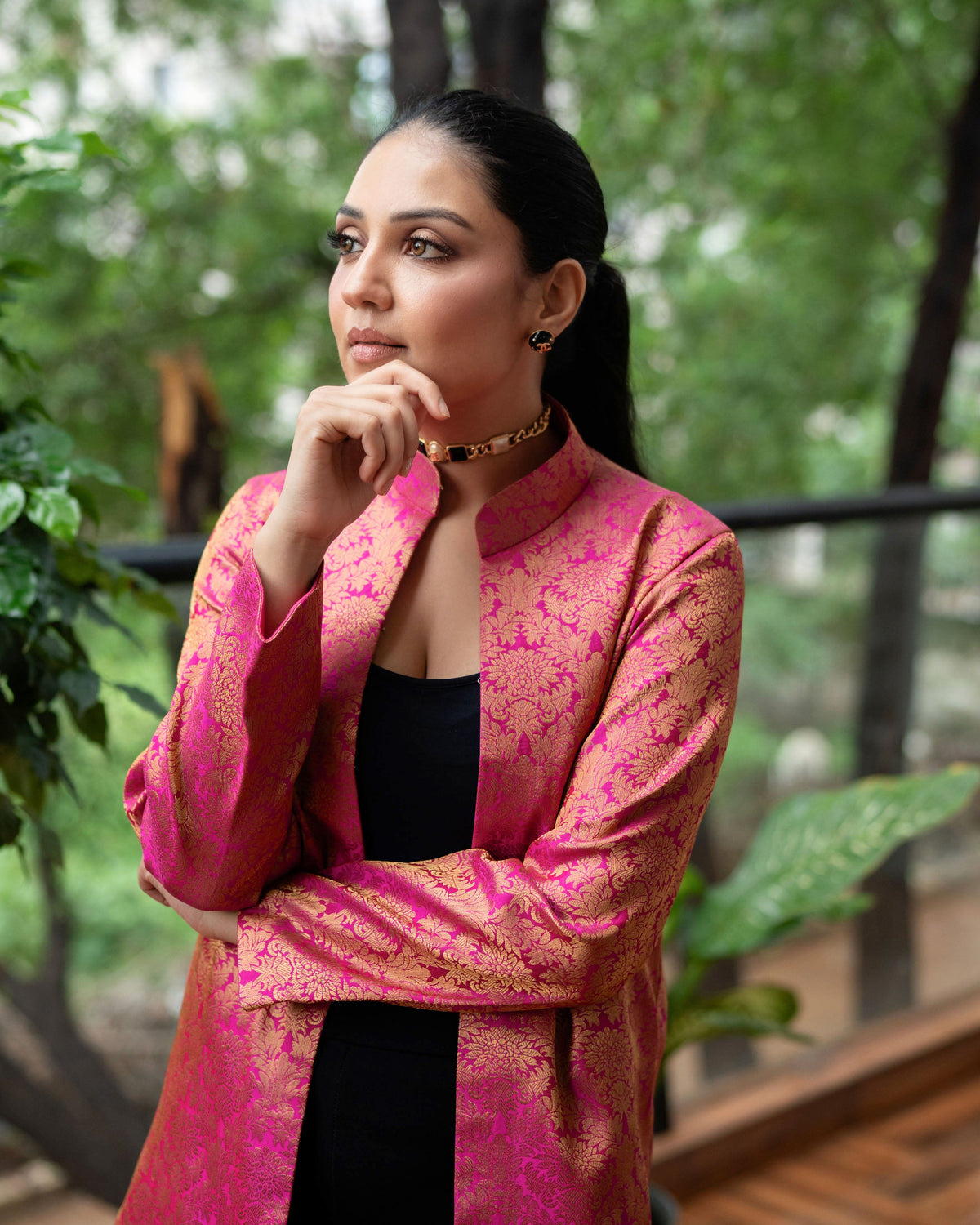 Jodha Banarasi Long Coat: Women's Fuchsia Gold Floral Jacket