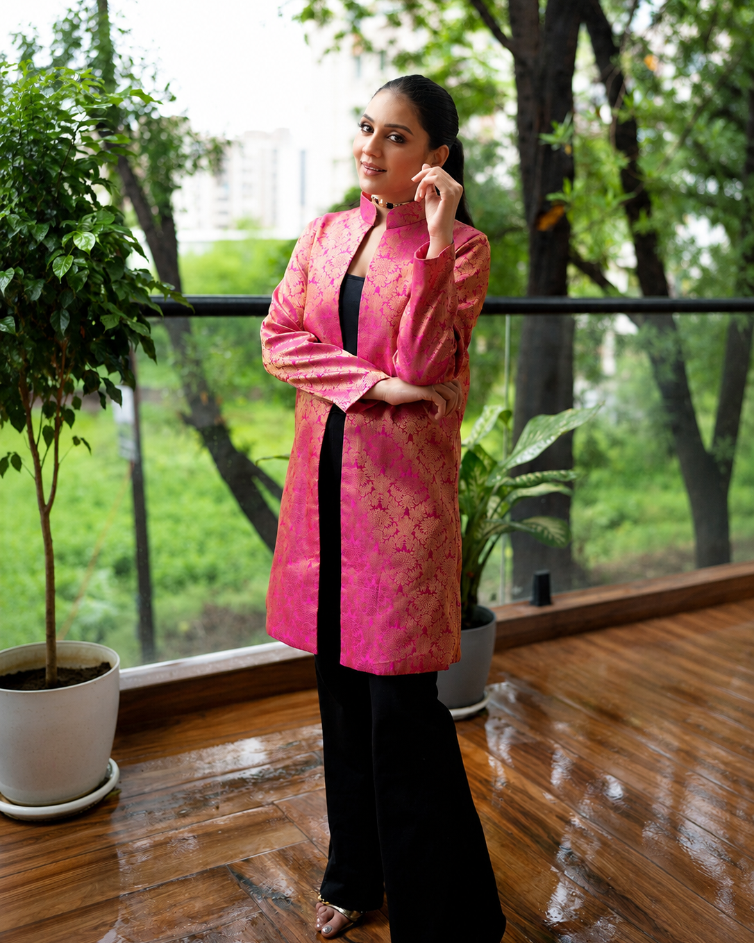 Jodha Banarasi Long Coat: Women's Fuchsia Gold Floral Jacket