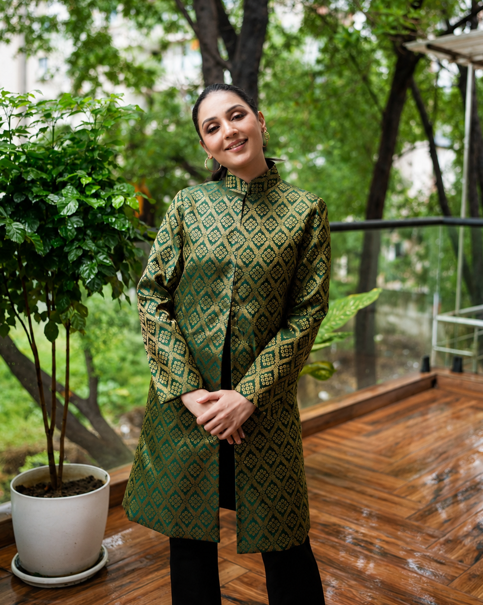 Gayatri Banarasi Long Coat: Women's Emerald Bandhani Jacket