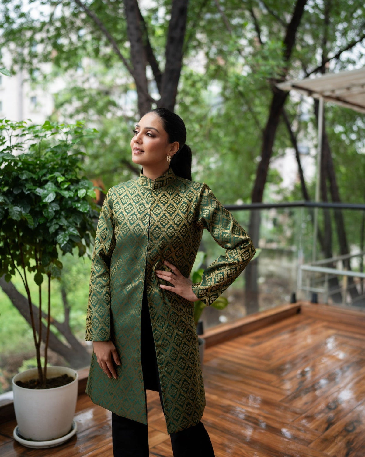 Gayatri Banarasi Long Coat: Women's Emerald Bandhani Jacket
