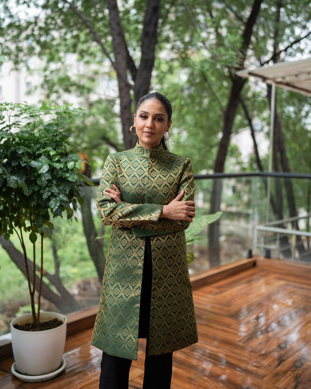 Gayatri Banarasi Long Coat: Women's Emerald Bandhani Jacket