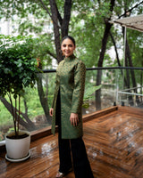 Gayatri Banarasi Long Coat: Women's Emerald Bandhani Jacket