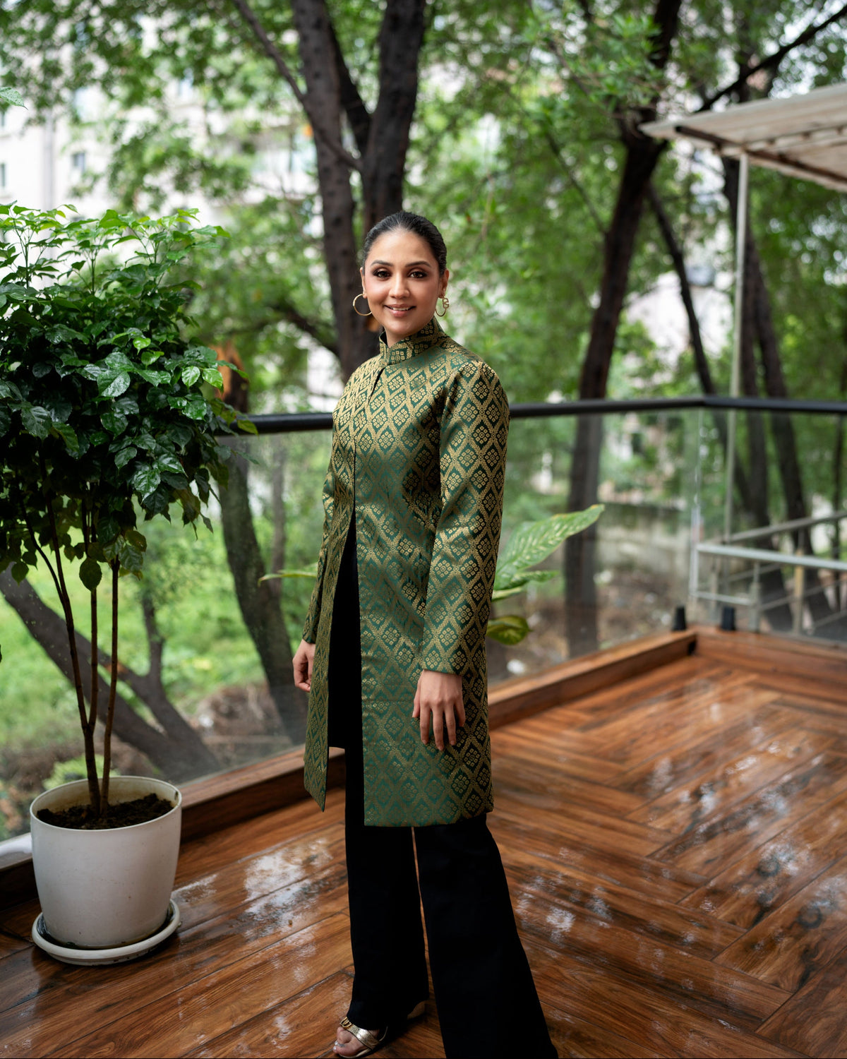 Gayatri Banarasi Long Coat: Women's Emerald Bandhani Jacket