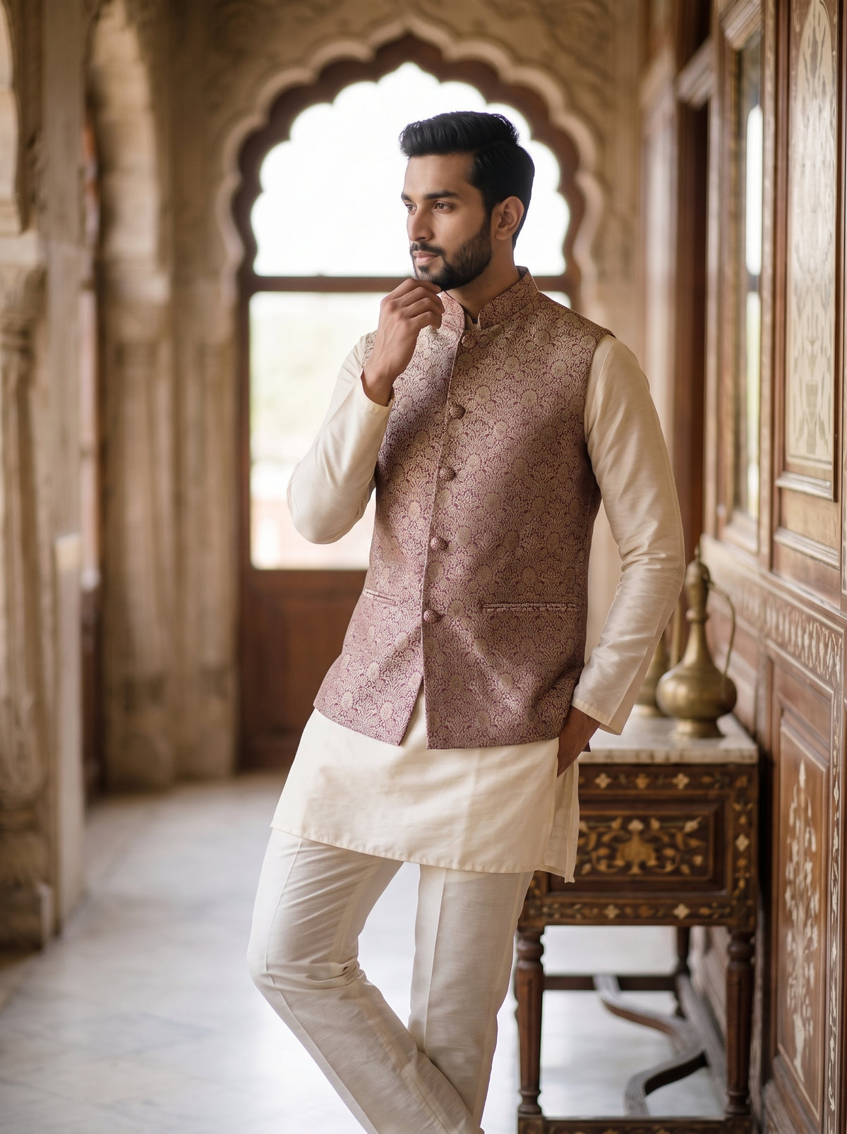 Pratap Banarasi Bandi: Men's Gold Floral Waist Coat