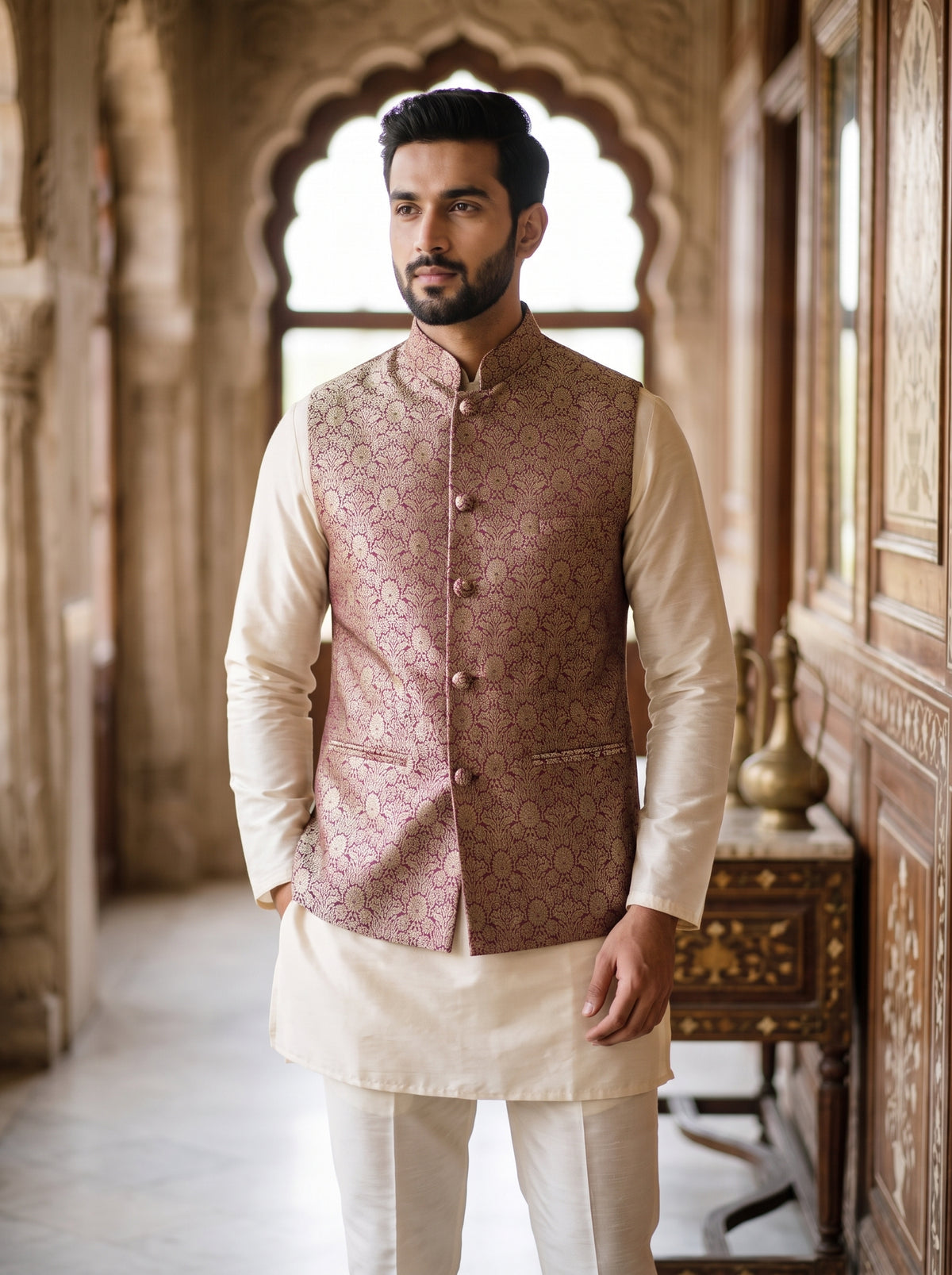 Pratap Banarasi Bandi: Men's Gold Floral Waist Coat
