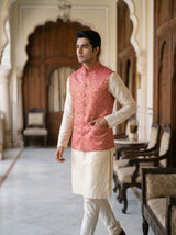 Akbar Banarasi Bandi: Men's Fuchsia Gold Floral Waist Coat