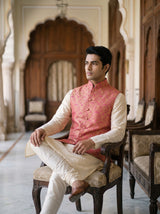 Akbar Banarasi Bandi: Men's Fuchsia Gold Floral Waist Coat