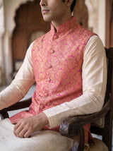 Akbar Banarasi Bandi: Men's Fuchsia Gold Floral Waist Coat