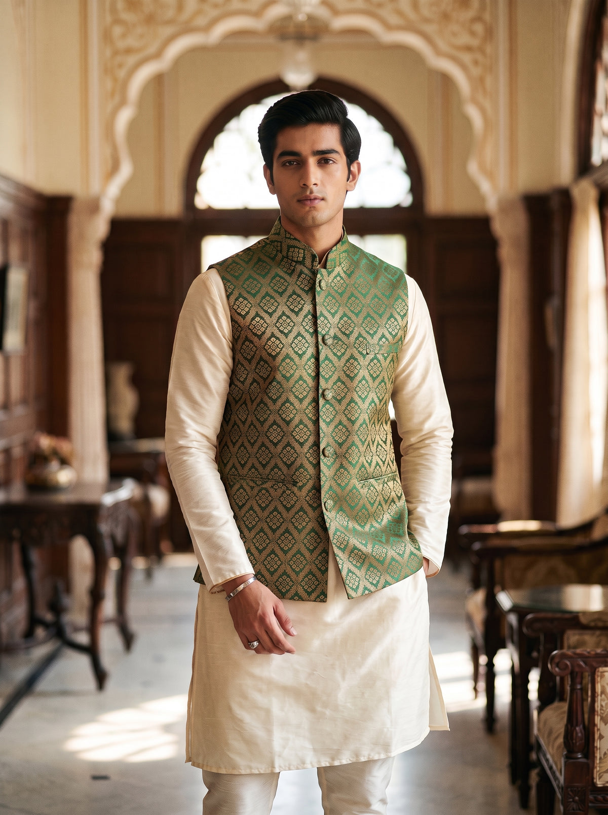 Bajirao Banarasi Bandi: Men's Emerald Gold Diamond Waist Coat
