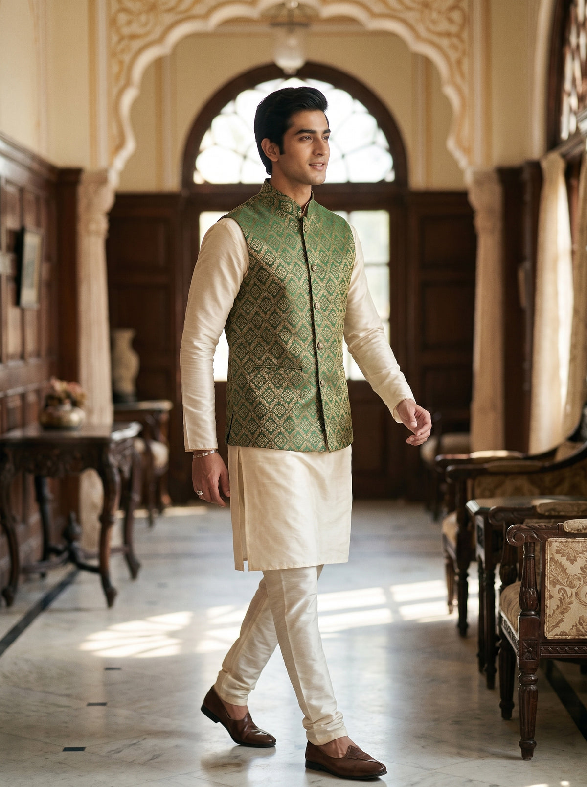 Bajirao Banarasi Bandi: Men's Emerald Gold Diamond Waist Coat