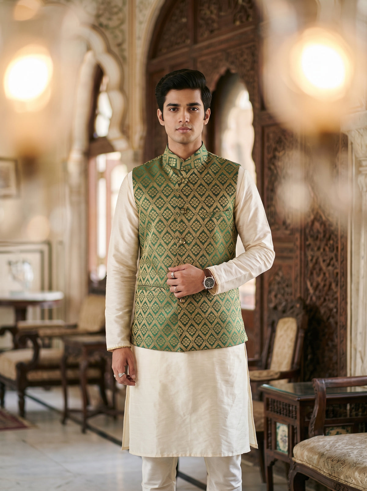 Bajirao Banarasi Bandi: Men's Emerald Gold Diamond Waist Coat