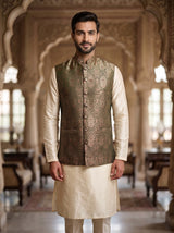 Ashoka Banarasi Bandi: Men's Sage-Golden Waist Coat