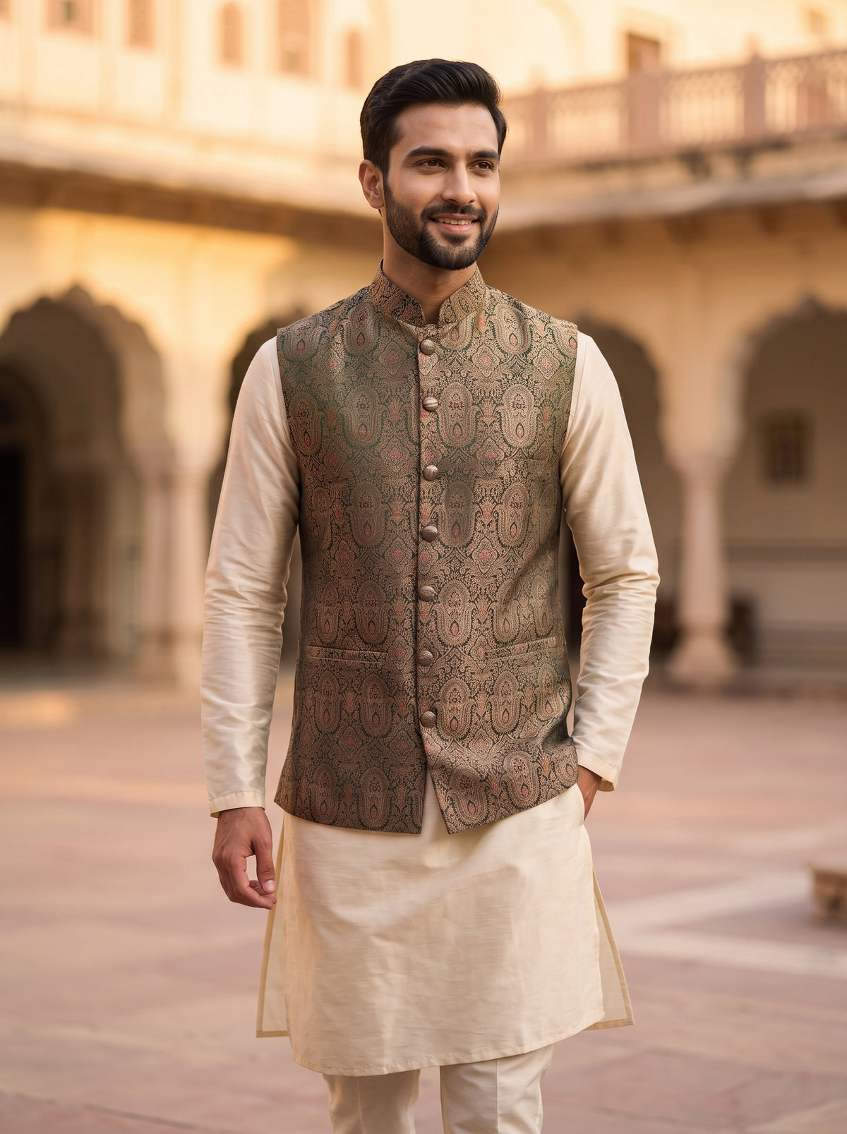 Ashoka Banarasi Bandi: Men's Sage-Golden Waist Coat