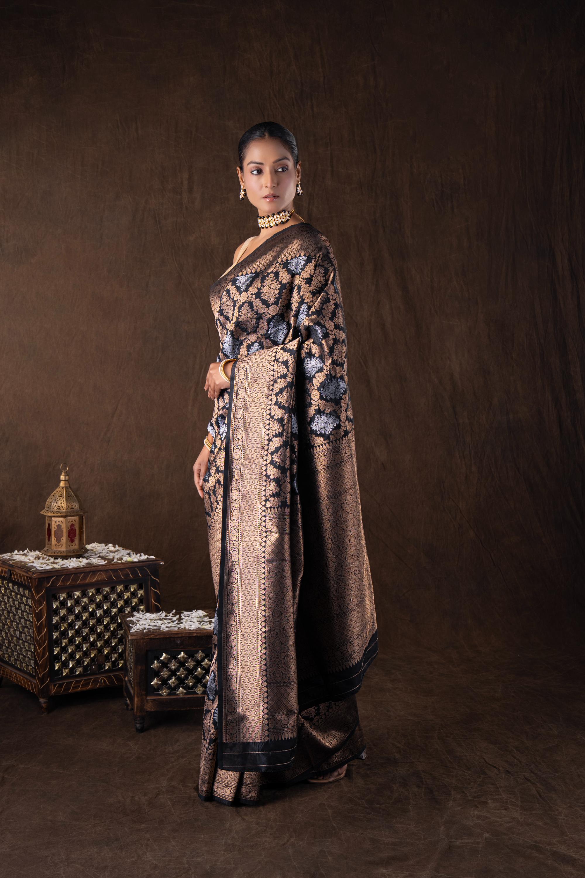 Black Pure Katan Silk Banarasi Handloom Saree