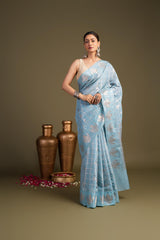 Sky Blue Pure Silk Banarasi Handloom Saree?