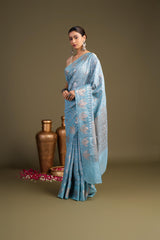 Sky Blue Pure Silk Banarasi Handloom Saree?