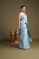 Sky Blue Pure Silk Banarasi Handloom Saree?