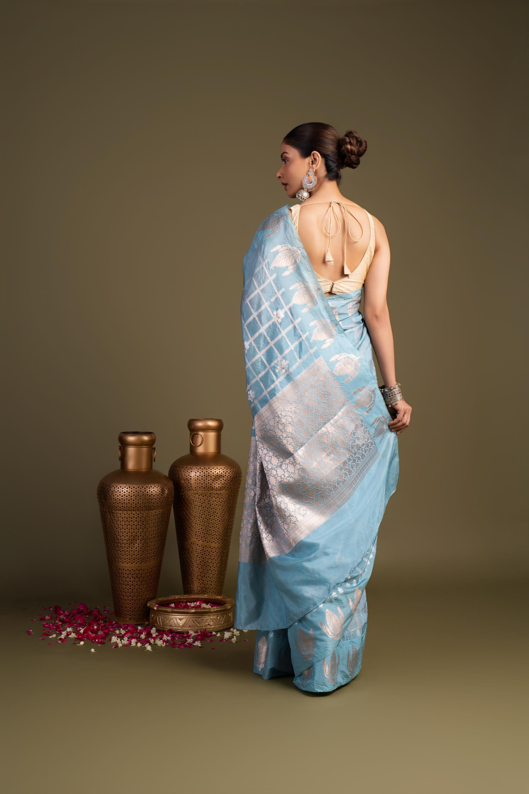 Sky Blue Pure Silk Banarasi Handloom Saree?
