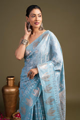 Sky Blue Pure Silk Banarasi Handloom Saree?