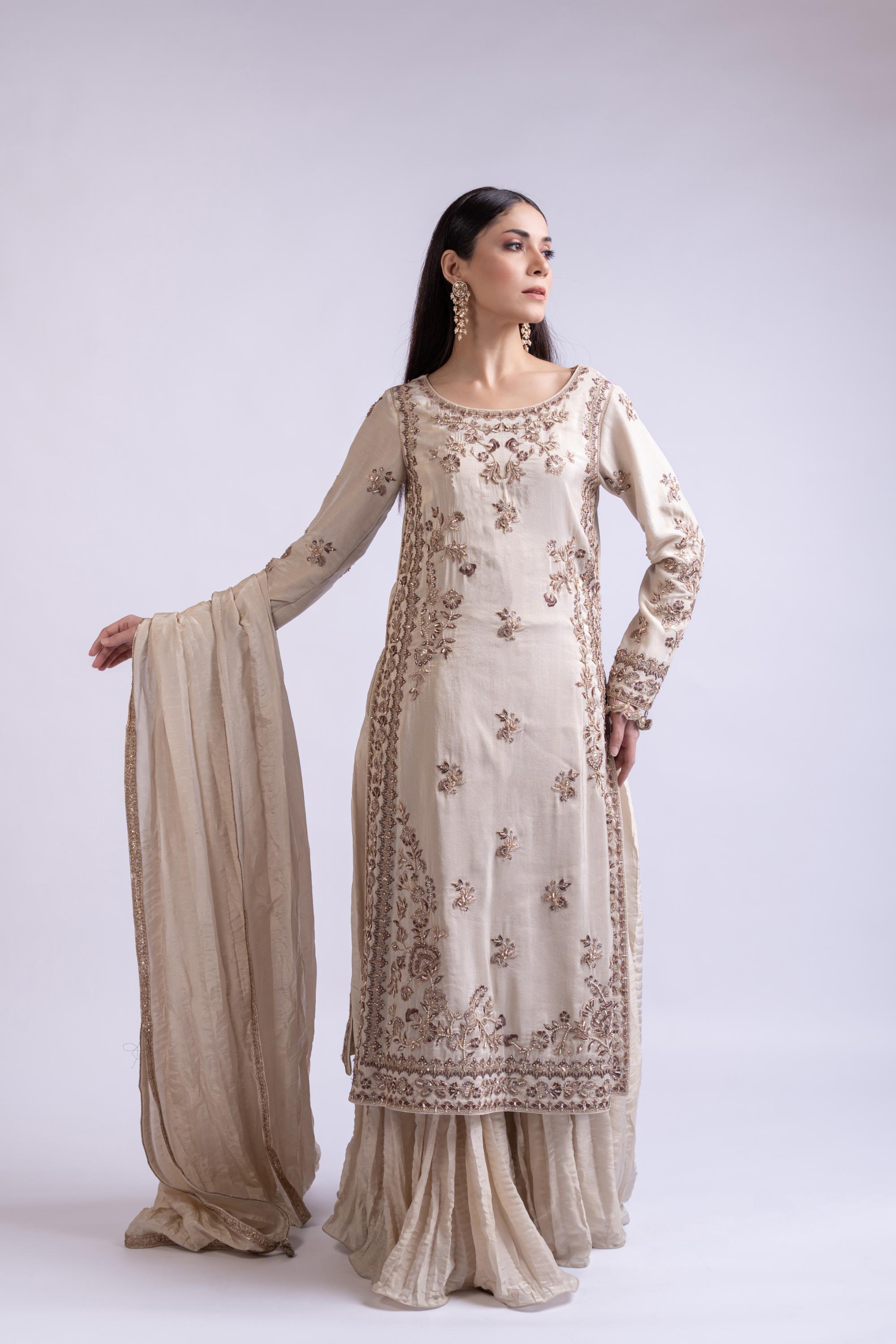 Ivory Embroidered Tissue Silk Sharara Set