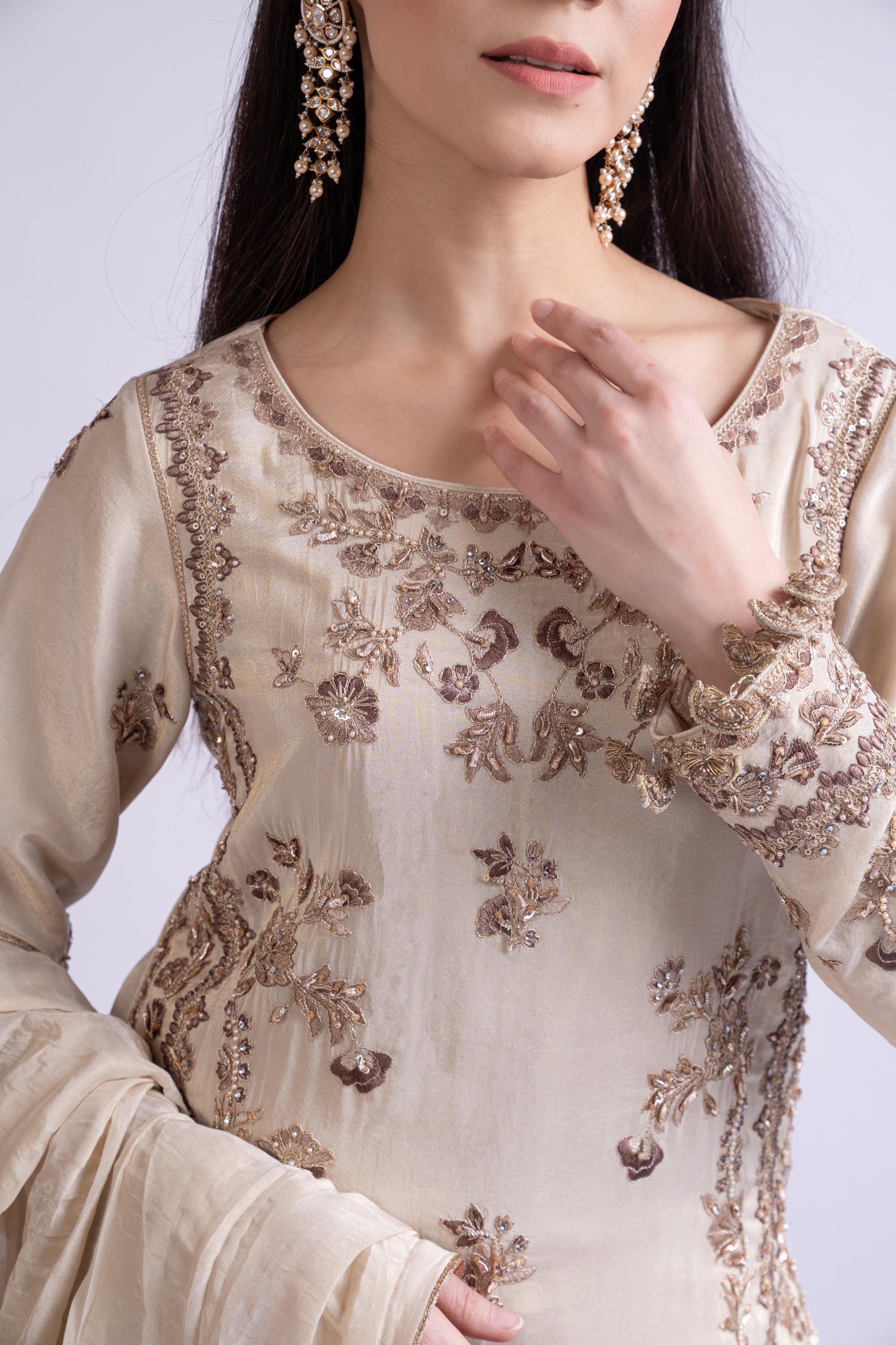 Ivory Embroidered Tissue Silk Sharara Set