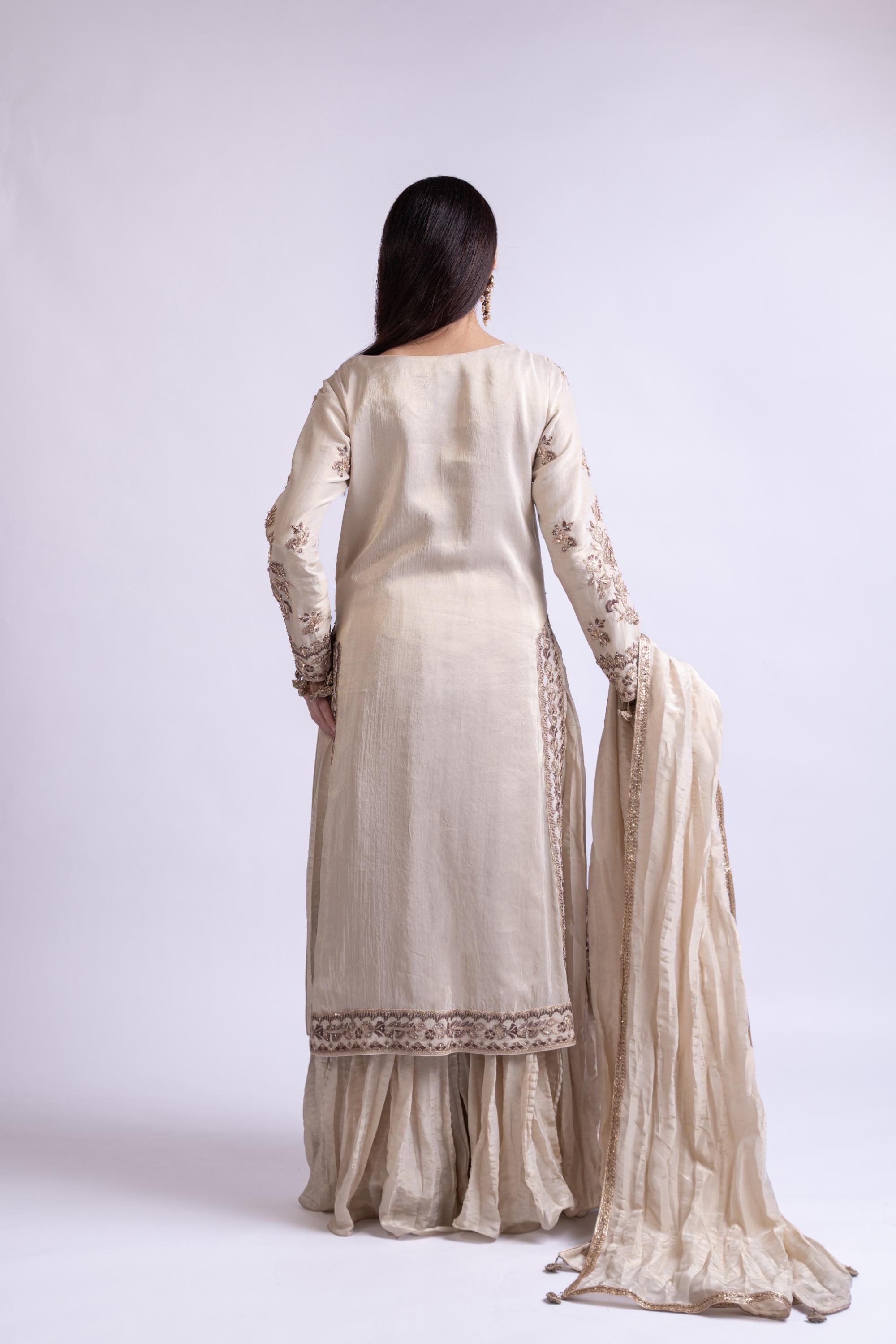 Ivory Embroidered Tissue Silk Sharara Set