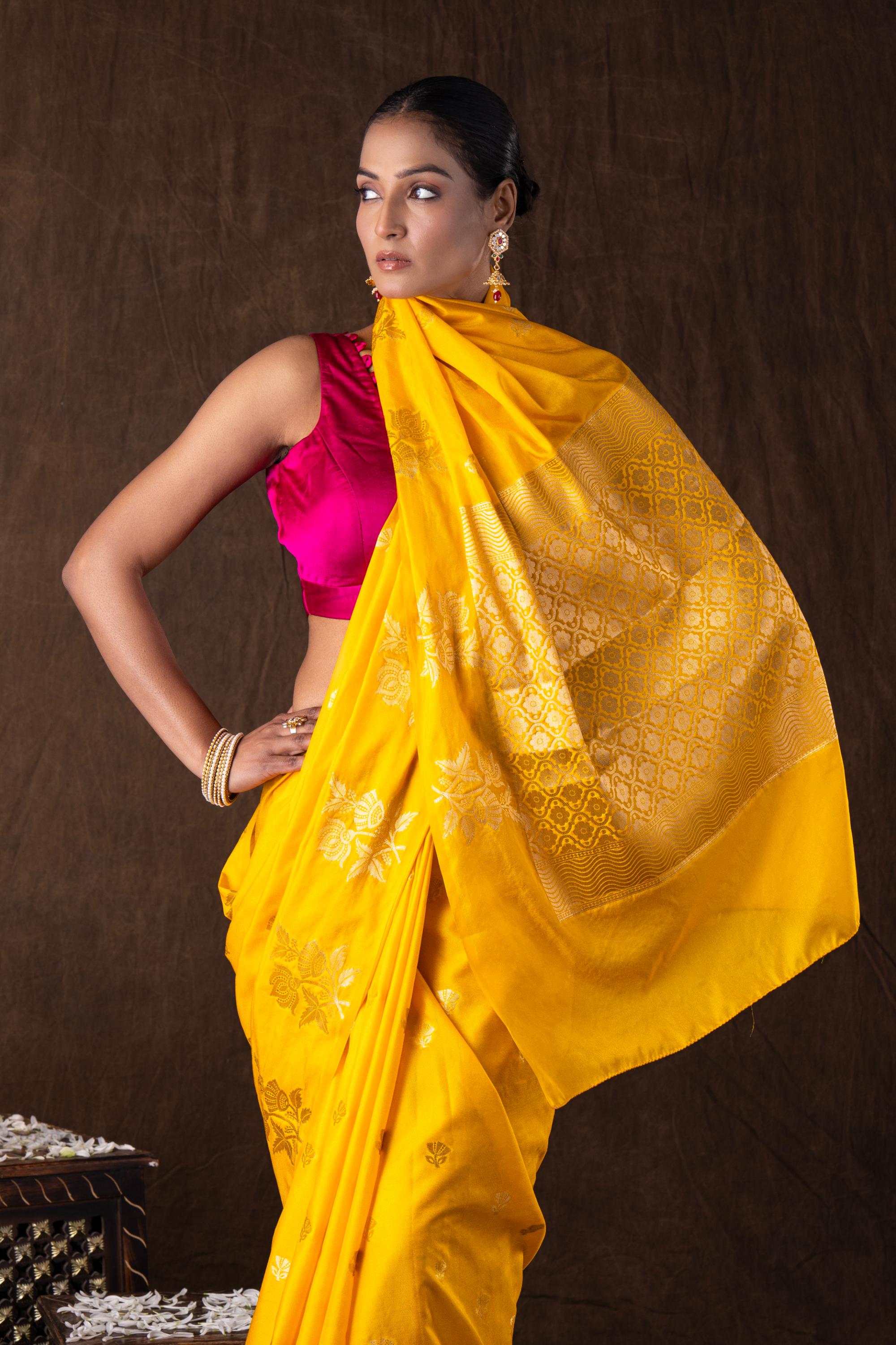 Yellow Pure Silk Raw Mango Zari Banarasi Handlooom Saree