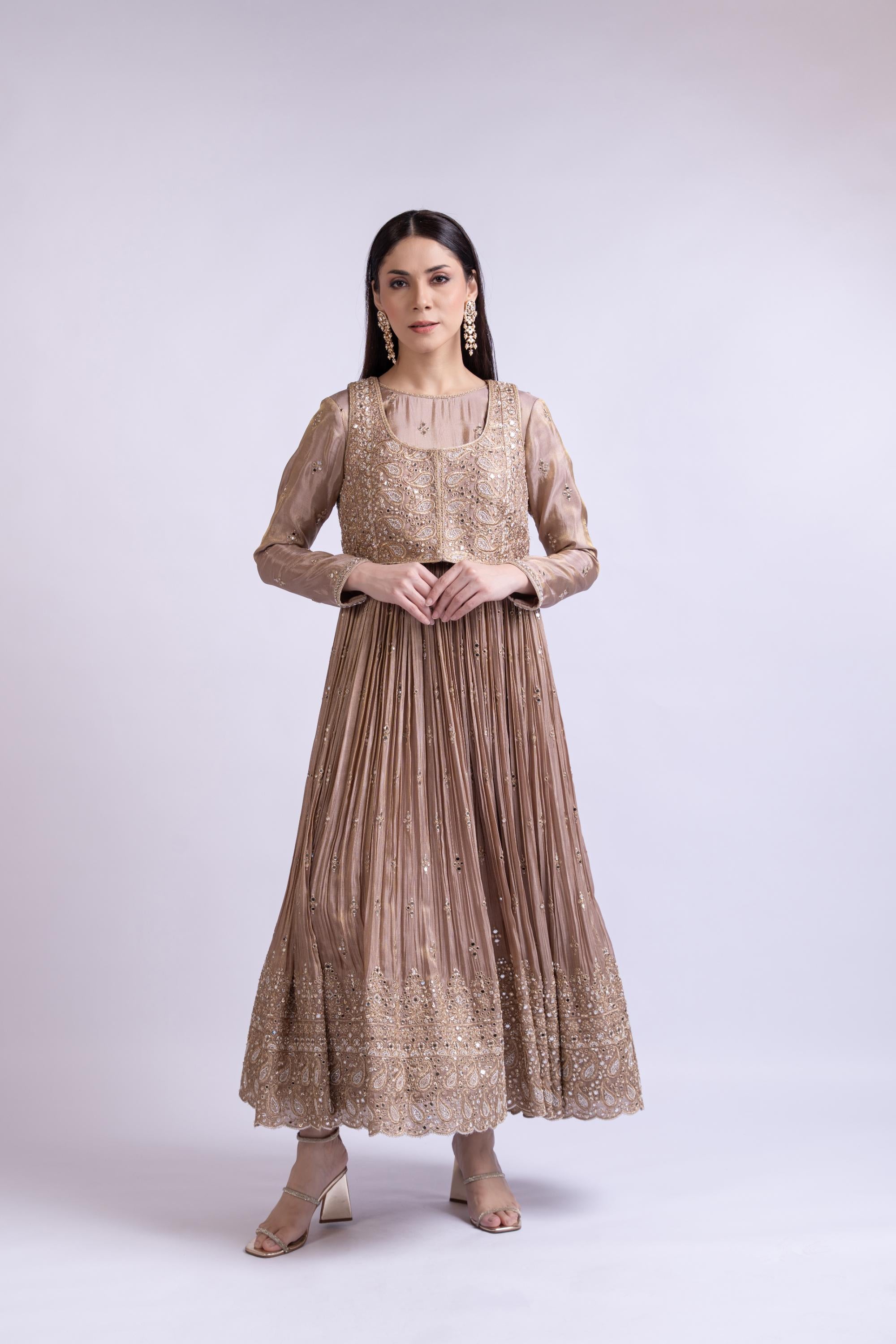 Mouse Brown Tissue Silk Short Anarkali with Embroidered Jacket