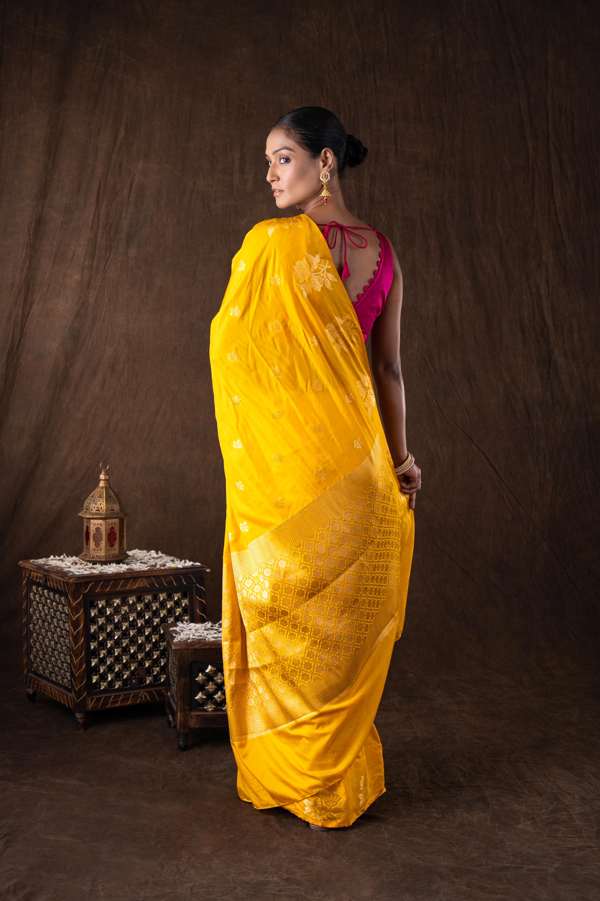 Yellow Pure Silk Raw Mango Zari Banarasi Handlooom Saree