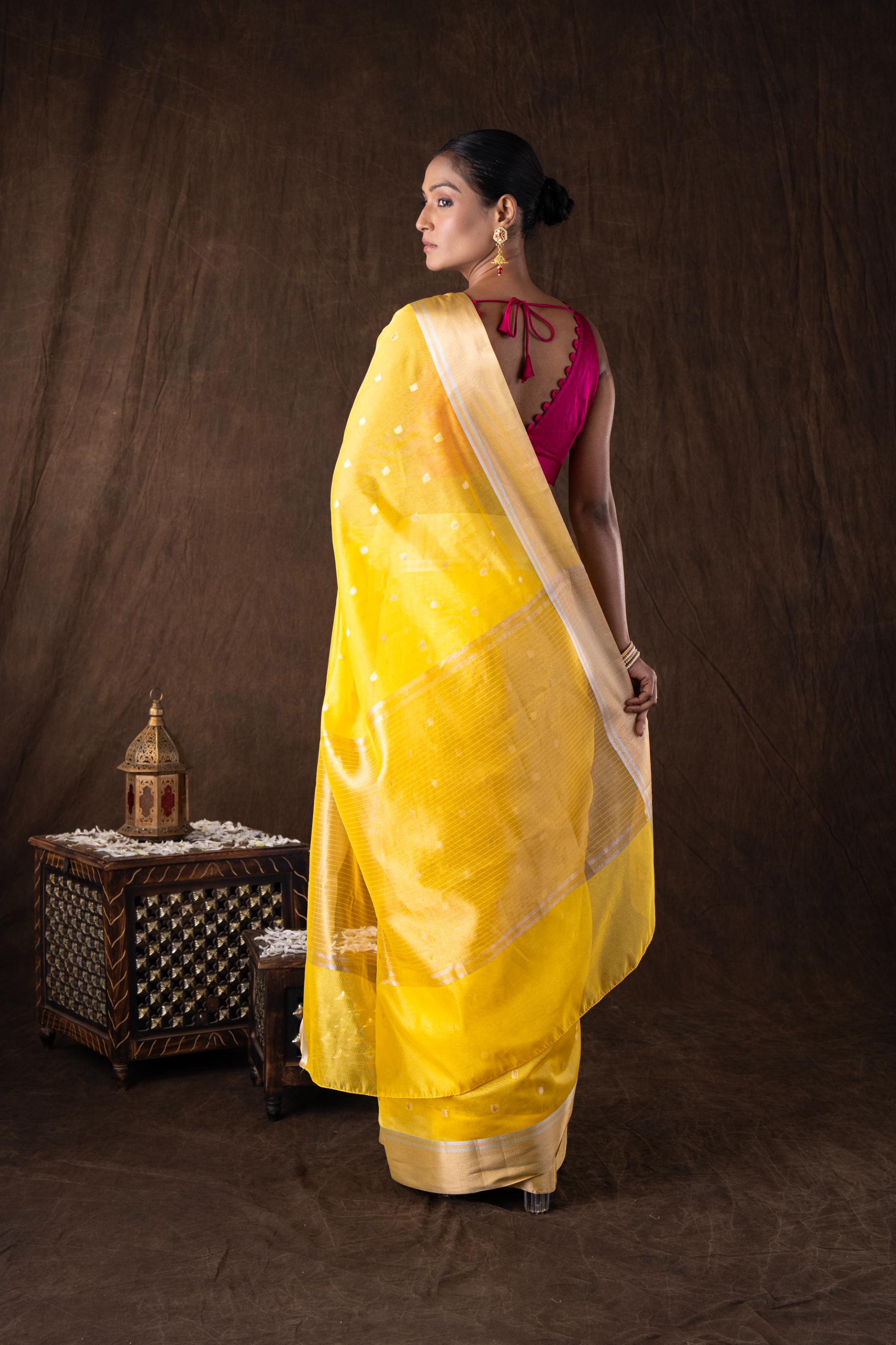Yellow Katan Silk Zari Boota Banarasi Handloom Saree