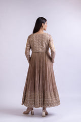 Mouse Brown Tissue Silk Short Anarkali with Embroidered Jacket