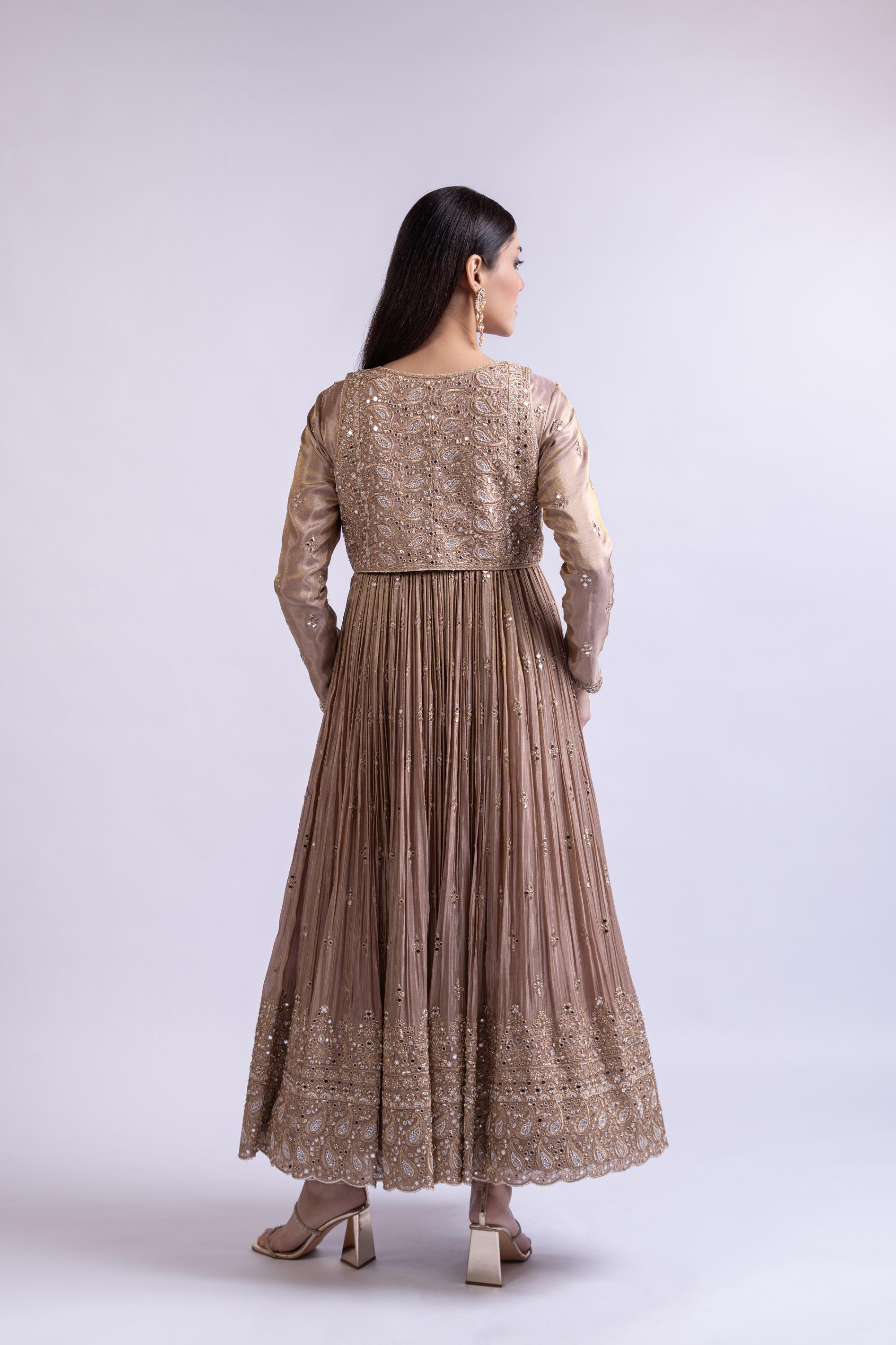 Mouse Brown Tissue Silk Short Anarkali with Embroidered Jacket