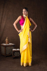Yellow Katan Silk Zari Boota Banarasi Handloom Saree
