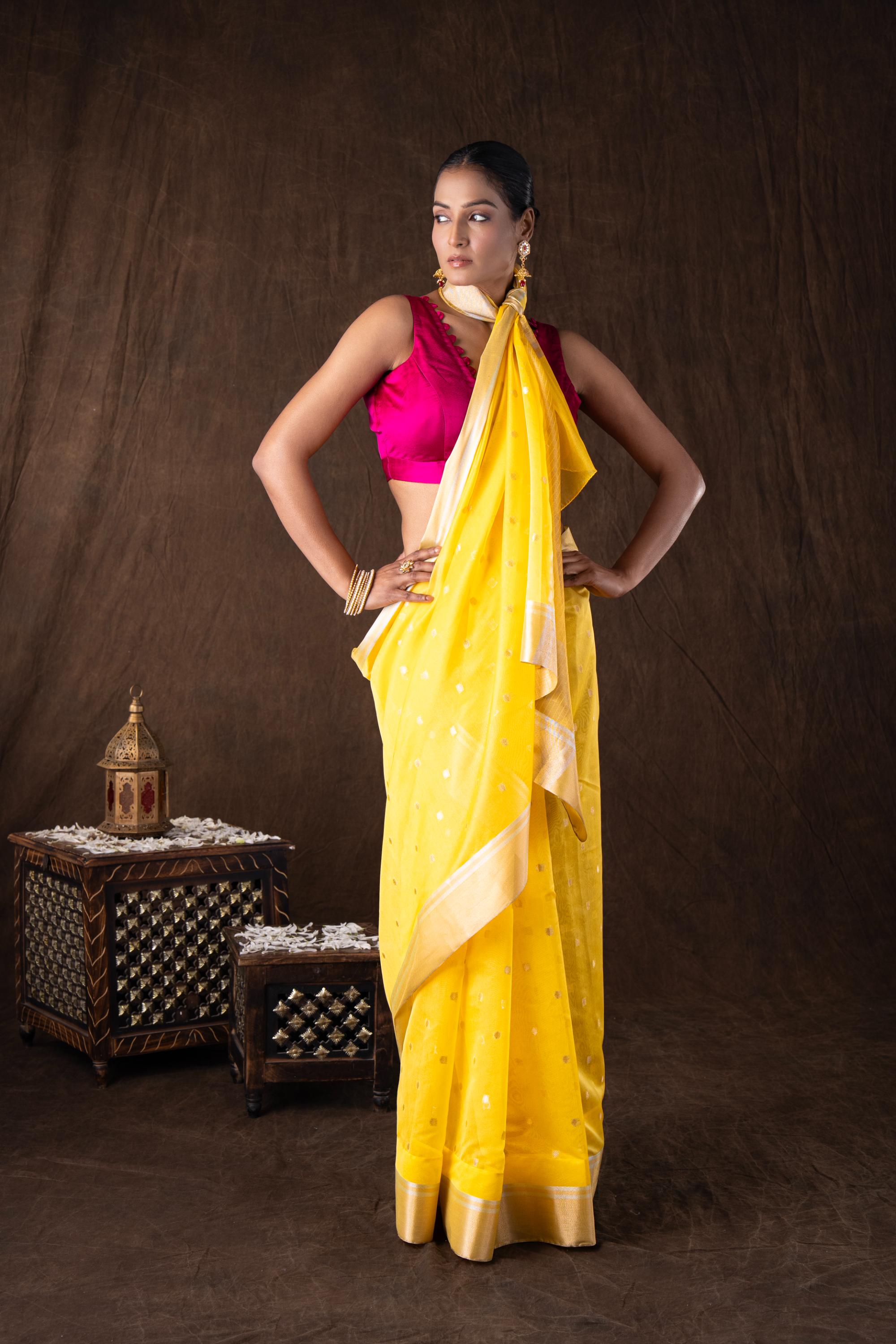 Yellow Katan Silk Zari Boota Banarasi Handloom Saree