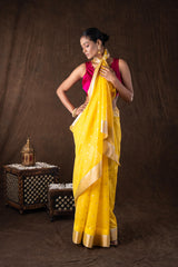 Yellow Katan Silk Zari Boota Banarasi Handloom Saree