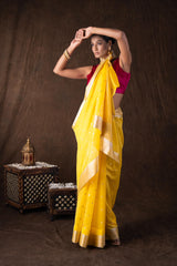 Yellow Katan Silk Zari Boota Banarasi Handloom Saree