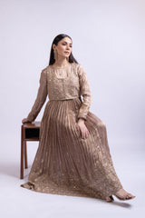 Mouse Brown Tissue Silk Short Anarkali with Embroidered Jacket