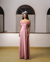 Off shoulder mermaid embroidered gown with lotus embellishments