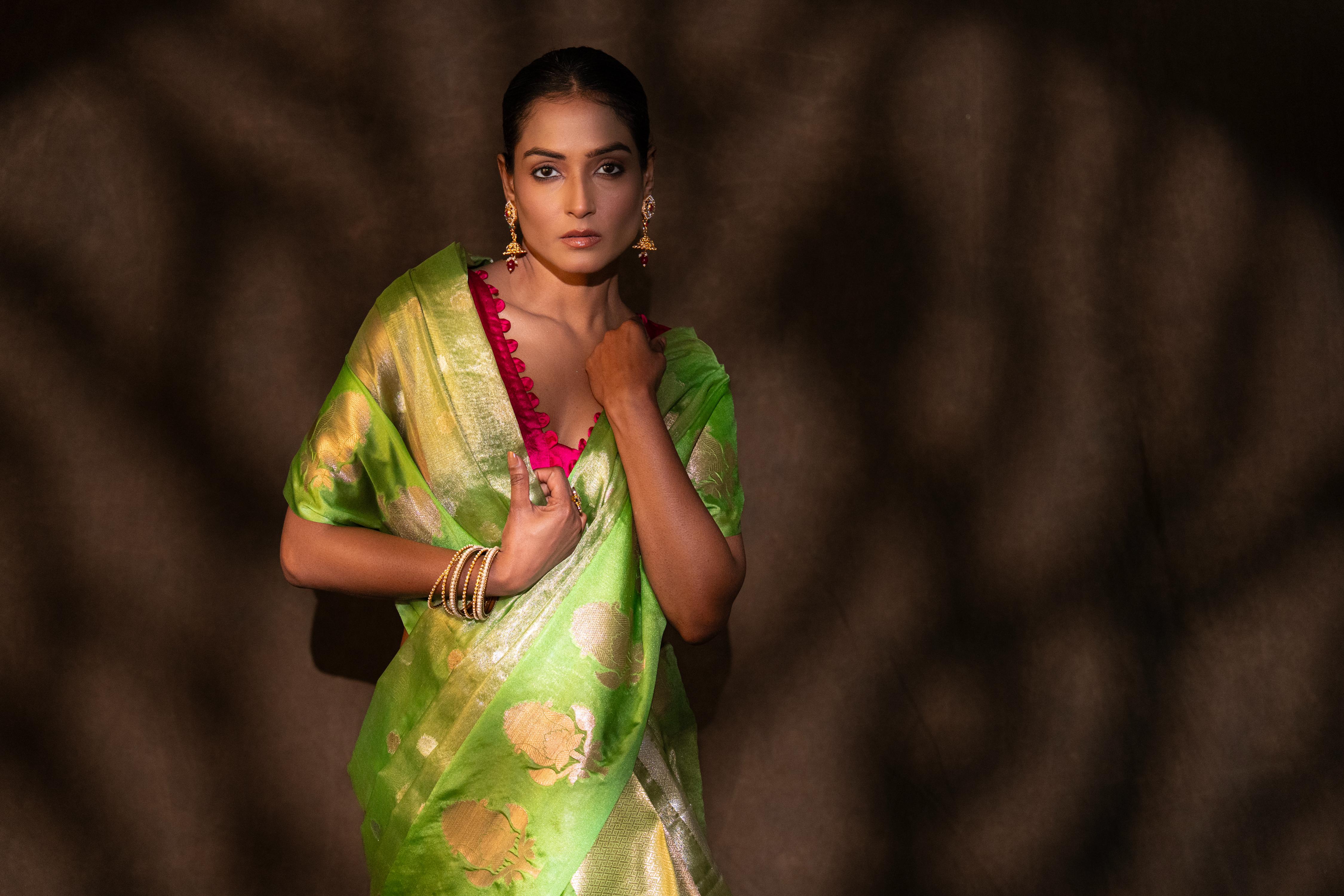 Pista green Tissue Organza Silk banarasi handloom Saree