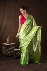 Pista green Tissue Organza Silk banarasi handloom Saree