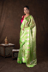 Pista green Tissue Organza Silk banarasi handloom Saree