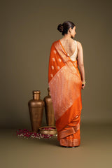 Orange Pure Monga silk Banarasi Handloom Saree