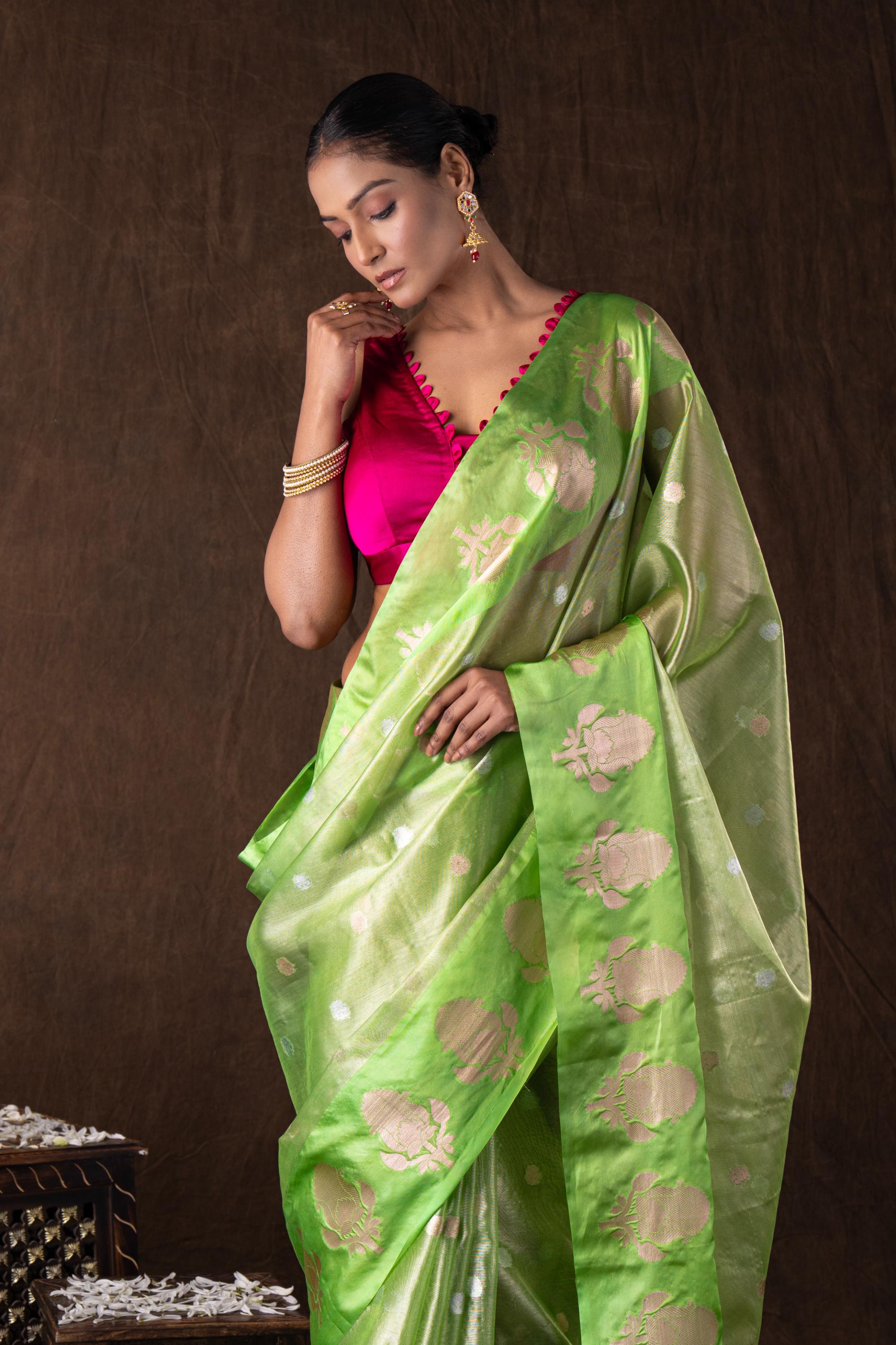 Pista green Tissue Organza Silk banarasi handloom Saree