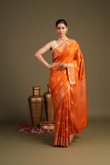 Orange Pure Monga silk Banarasi Handloom Saree
