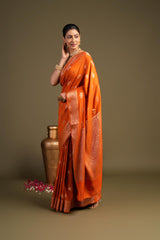 Orange Pure Monga silk Banarasi Handloom Saree