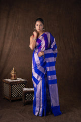 Blue Zari Stripe Moonga Tissue Silk Banarasi Handloom saree