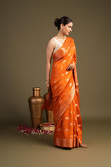 Orange Pure Monga silk Banarasi Handloom Saree