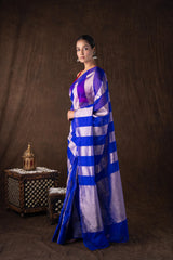 Blue Zari Stripe Moonga Tissue Silk Banarasi Handloom saree